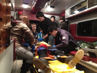 The Stony Brook University Volunteer Ambulance Corps conducts a training in a mock call scenario, which includes responding to a scene, treatment and transportation to the hospital.