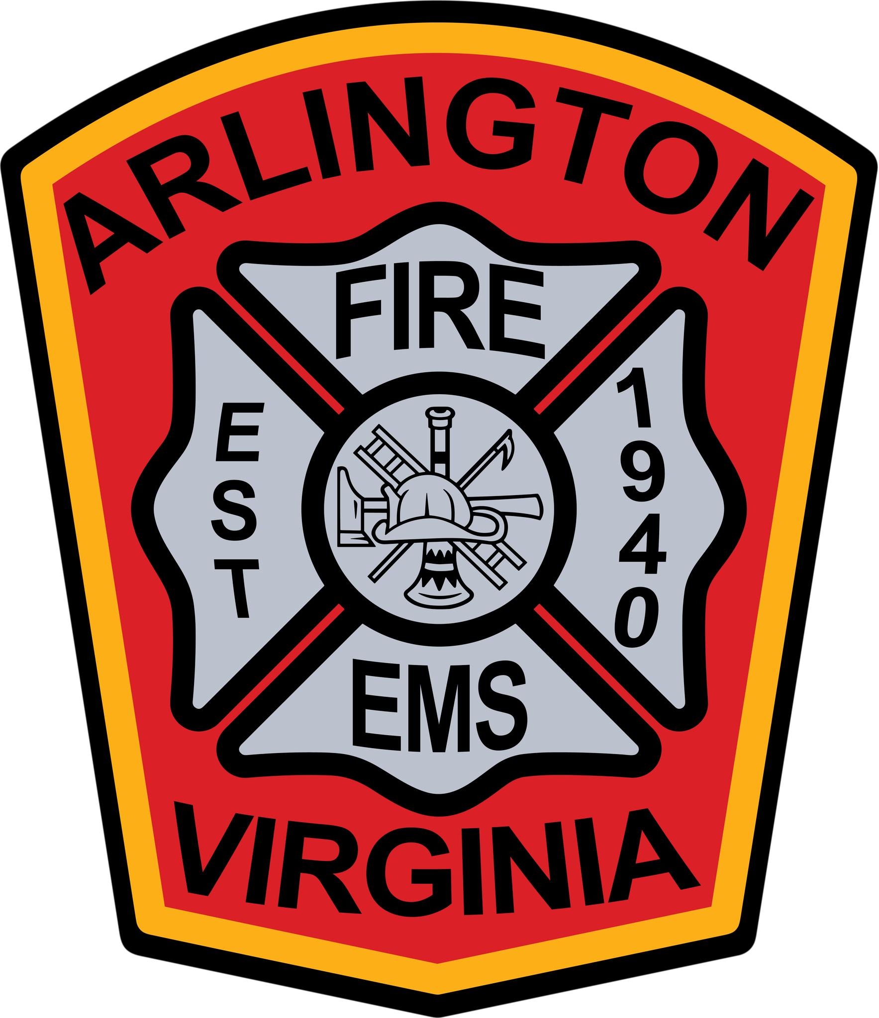 Arlington County Fire Department patch. The patch has a red background with two-tone black and gold border. The word Arlington is across the top and Virginia is across the bottom. In the center is a grey Maltese Cross, with the word Fire in the top section, EMS in the lower section, EST. in the left section, 1940 in the right section, and a stylized emblem in the center consisting of a fire helmet superimposed over a ladder, hook, and speaking trumpet.