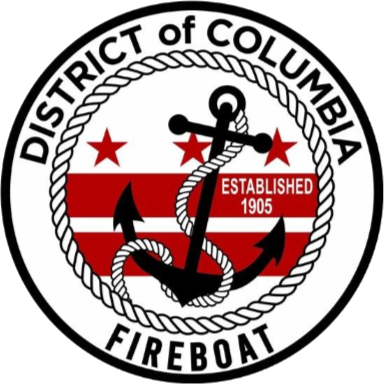 Logo for the DC Fireboat station (circular). The words District of Columbia are along the top of the logo, and Fireboat is along the bottom. Inside is a smaller circle ringed by a braided rope, depicting the DC flag as the background (two red horizontal stripes below three red five-pointed stars), and in the foreground is an anchor with rope attached and encircling its main body and two lower arms). The text Established 1905 is present in white on the right side of the upper of the two red stripes in the DC flag.