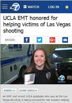 A screenshot of a news article from ABC 7 titled UCLA EMT honored for helping victims of Las Vegas shooting. Below the headline is a photograph of a smiling woman wearing an EMS uniform.