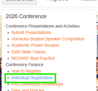 Example of Individual Registration Menu Item
