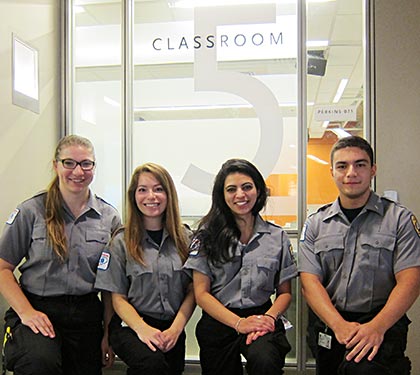 The four Duke EMS students who resuscitated Professor George Grody from cardiac arrest include, from left to right: Kristen Bailey, Kirsten Bonawitz, Ritika Patil, and Kevin Labagnara.