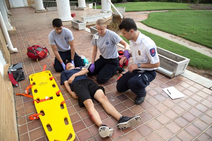 New Emory EMS personnel Sahi Parikh (L) and Abigail Conrad (R) participate in a training drill at Emory Briarcliff properties August 22, 2015 in Atlanta, GA. Emory University has the state’s only college EMS crew. STEVE SCHAEFER / SPECIAL TO THE AJC