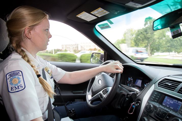 Emory University EMT Morgan Taylor participates in a training drill at Emory Briarcliff properties August 22, 2015 in Atlanta, GA. Taylor was named Georgia EMT of the year by the TKORGANIZATION? STEVE SCHAEFER / SPECIAL TO THE AJC