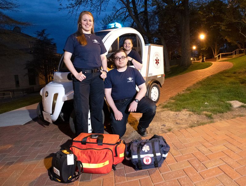 The Lafayette University EMS Team assembled for their final meeting of the school year on May 2 on campus in Easton. From left, Lauren Steinitz, vice president, John Turovsky, president, and Rachael Broder, secretary. The squad is equipped with an electric cart to carry medical equipment. /(Ed. Note: NEWS - SHARON K. MERKEL / SPECIAL TO THE MORNING CALL - Shot 04/30/19) 